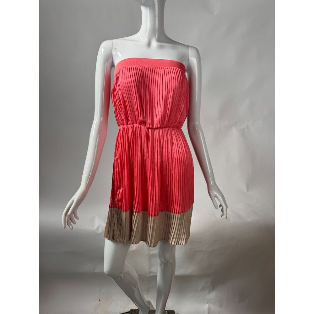 C. Luce Strapless Coral Pleated Dress With Beige Hemline Size Small 100% Polyest